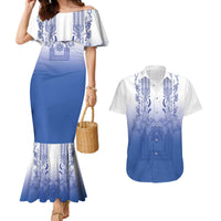 Philippines Barong Style Couples Matching Mermaid Dress and Hawaiian Shirt with Polynesian Art and Leaf Motif Blue Color LT03 Blue - Polynesian Pride