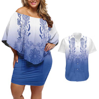 Philippines Barong Style Couples Matching Off Shoulder Short Dress and Hawaiian Shirt with Polynesian Art and Leaf Motif Blue Color