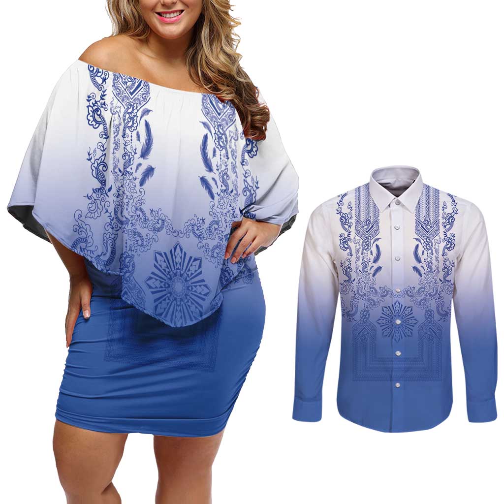 Philippines Barong Style Couples Matching Off Shoulder Short Dress and Long Sleeve Button Shirt with Polynesian Art and Leaf Motif Blue Color