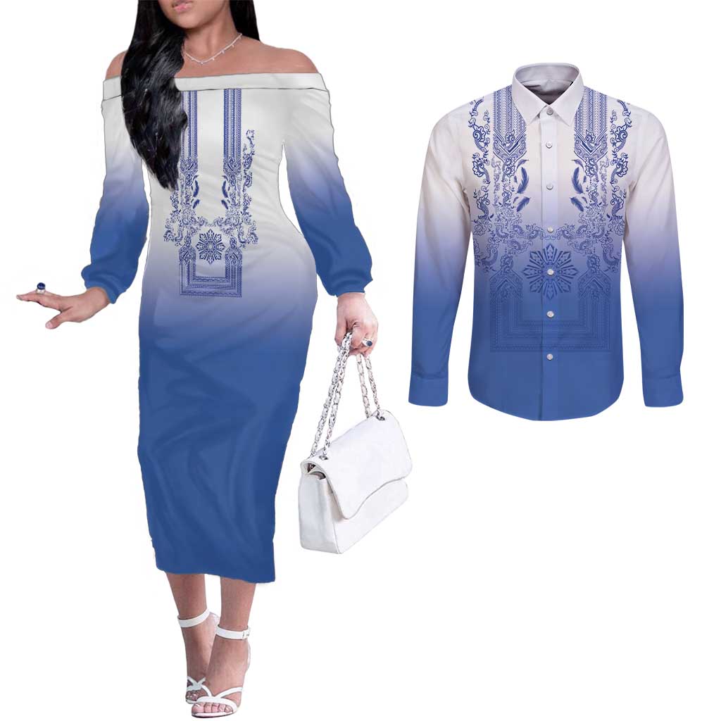 Philippines Barong Style Couples Matching Off The Shoulder Long Sleeve Dress and Long Sleeve Button Shirt with Polynesian Art and Leaf Motif Blue Color LT03 Blue - Polynesian Pride