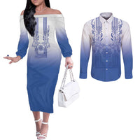 Philippines Barong Style Couples Matching Off The Shoulder Long Sleeve Dress and Long Sleeve Button Shirt with Polynesian Art and Leaf Motif Blue Color LT03 Blue - Polynesian Pride