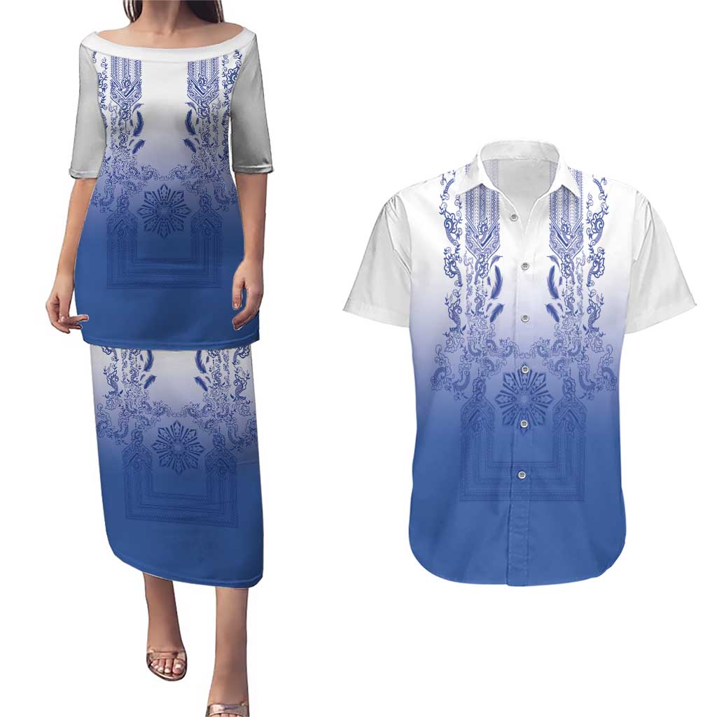 Philippines Barong Style Couples Matching Puletasi and Hawaiian Shirt with Polynesian Art and Leaf Motif Blue Color