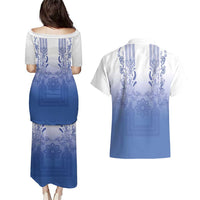 Philippines Barong Style Couples Matching Puletasi and Hawaiian Shirt with Polynesian Art and Leaf Motif Blue Color