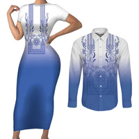 Philippines Barong Style Couples Matching Short Sleeve Bodycon Dress and Long Sleeve Button Shirt with Polynesian Art and Leaf Motif Blue Color
