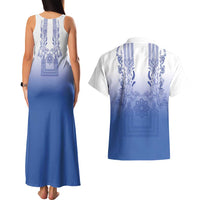 Philippines Barong Style Couples Matching Tank Maxi Dress and Hawaiian Shirt with Polynesian Art and Leaf Motif Blue Color LT03 - Polynesian Pride