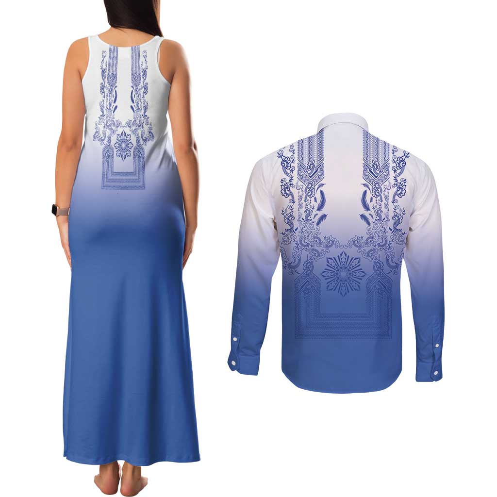 Philippines Barong Style Couples Matching Tank Maxi Dress and Long Sleeve Button Shirt with Polynesian Art and Leaf Motif Blue Color