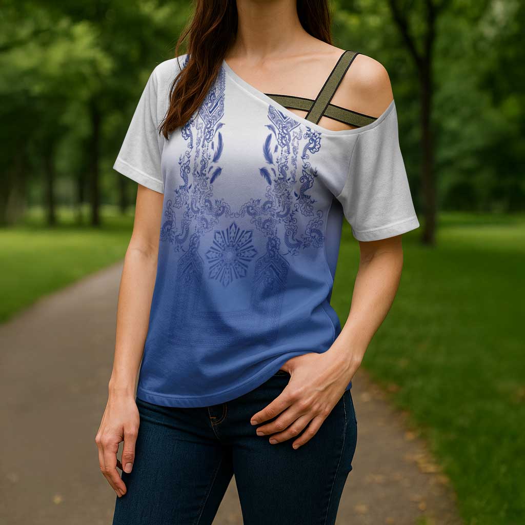 Philippines Barong Style Cross Shoulder Shirt with Polynesian Art and Leaf Motif Blue Color