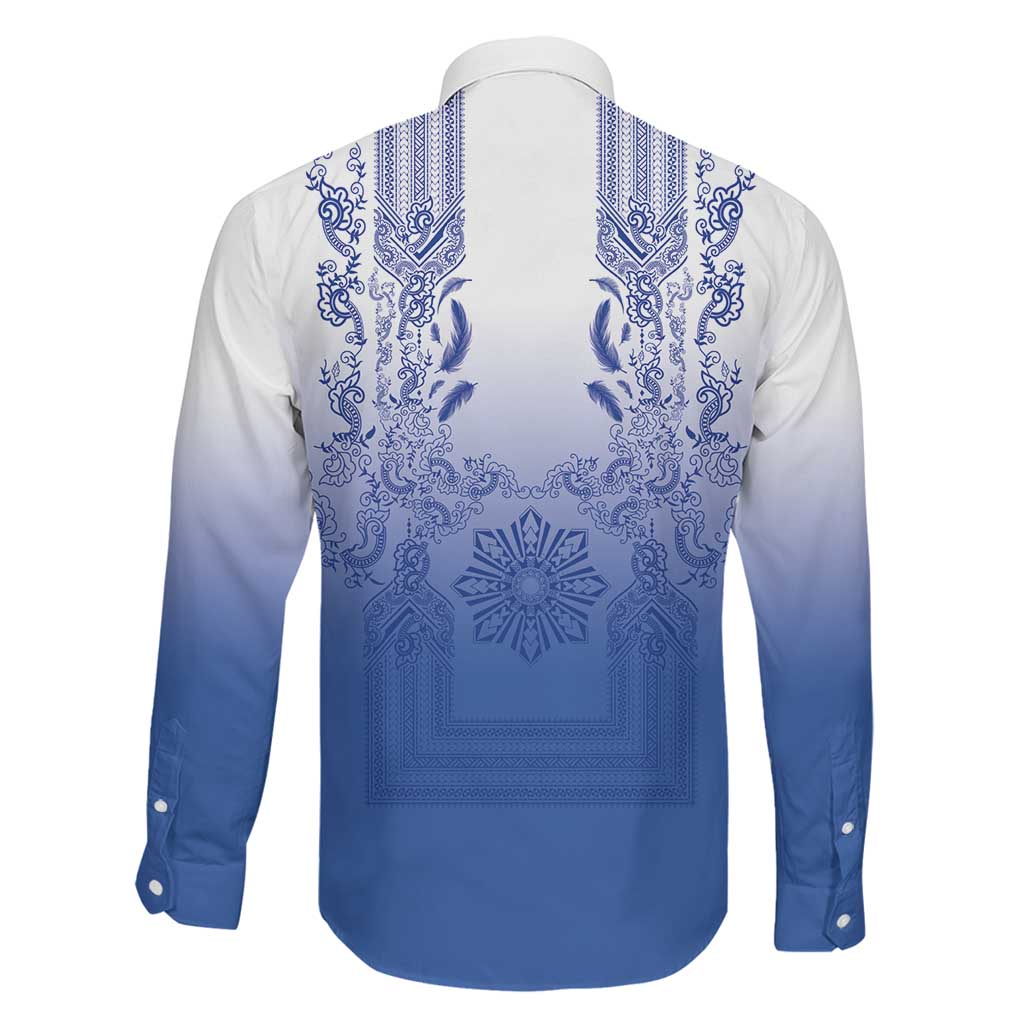 Philippines Barong Style Family Matching Off The Shoulder Long Sleeve Dress and Hawaiian Shirt with Polynesian Art and Leaf Motif Blue Color LT03 - Polynesian Pride