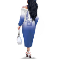 Philippines Barong Style Family Matching Off The Shoulder Long Sleeve Dress and Hawaiian Shirt with Polynesian Art and Leaf Motif Blue Color LT03 - Polynesian Pride
