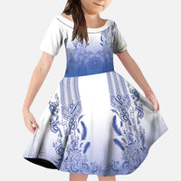Philippines Barong Style Family Matching Off Shoulder Maxi Dress and Hawaiian Shirt with Polynesian Art and Leaf Motif Blue Color LT03 Daughter's Dress Blue - Polynesian Pride