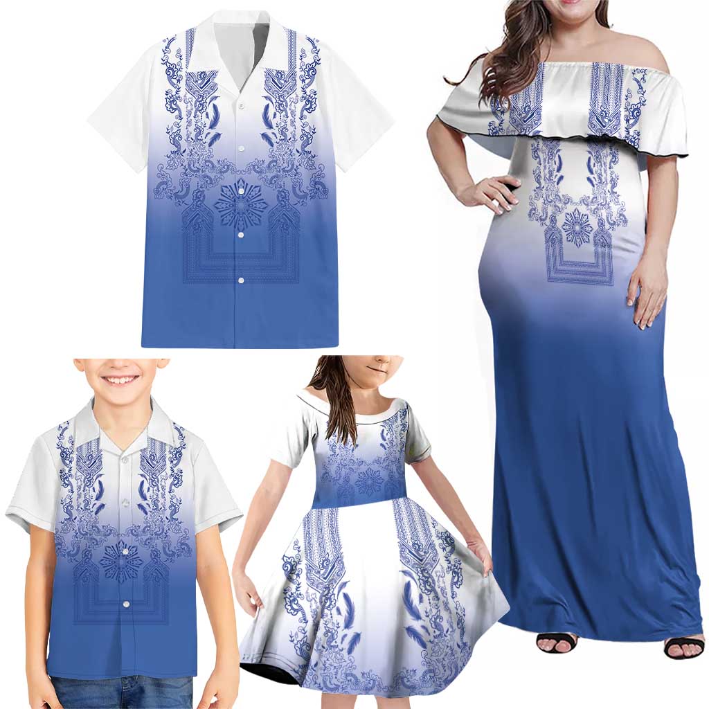 Philippines Barong Style Family Matching Off Shoulder Maxi Dress and Hawaiian Shirt with Polynesian Art and Leaf Motif Blue Color