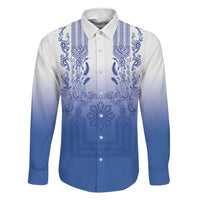 Philippines Barong Style Family Matching Off Shoulder Maxi Dress and Hawaiian Shirt with Polynesian Art and Leaf Motif Blue Color LT03 Dad's Shirt - Long Sleeve Blue - Polynesian Pride