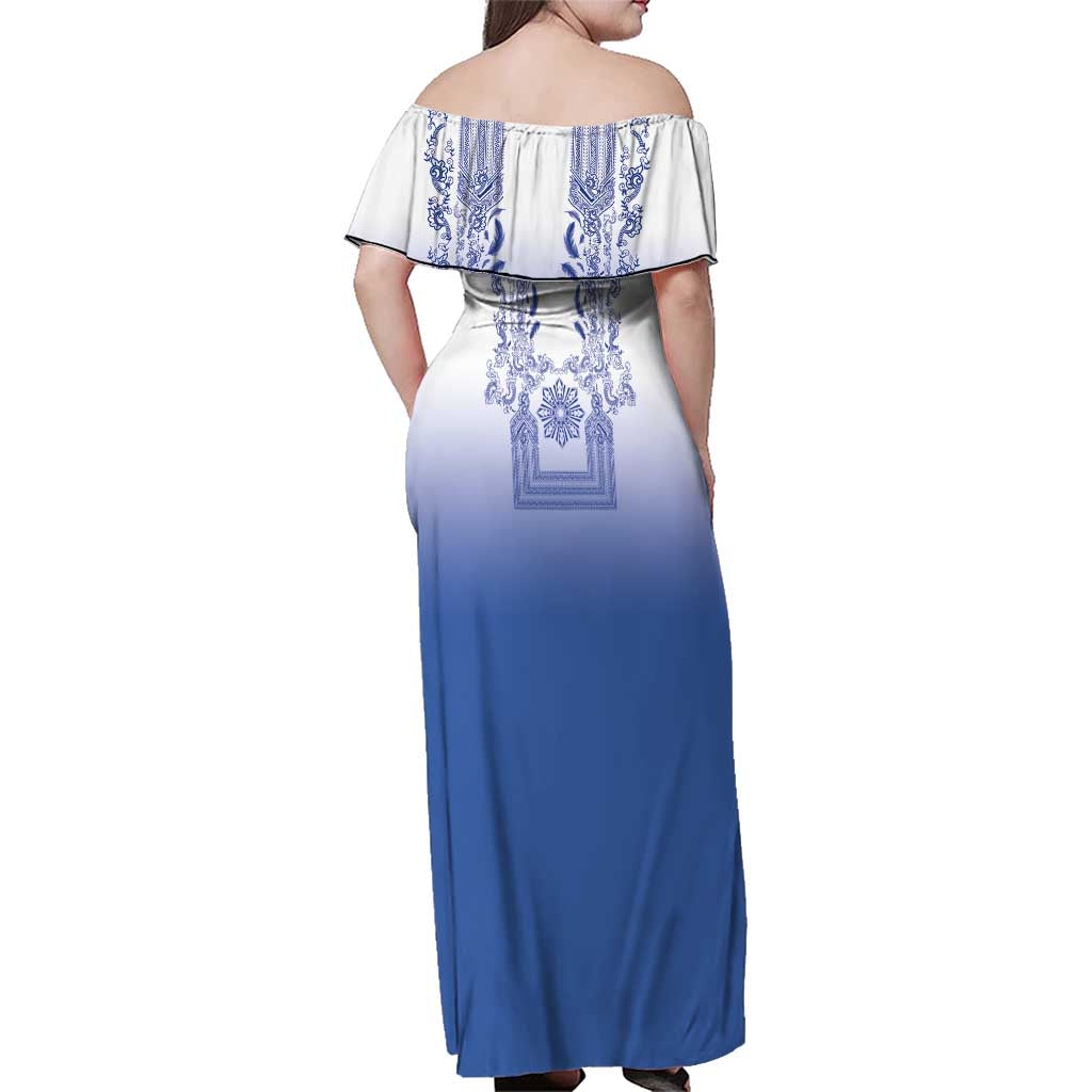 Philippines Barong Style Family Matching Off Shoulder Maxi Dress and Hawaiian Shirt with Polynesian Art and Leaf Motif Blue Color LT03 - Polynesian Pride