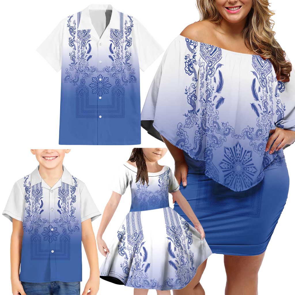 Philippines Barong Style Family Matching Off Shoulder Short Dress and Hawaiian Shirt with Polynesian Art and Leaf Motif Blue Color LT03 - Polynesian Pride