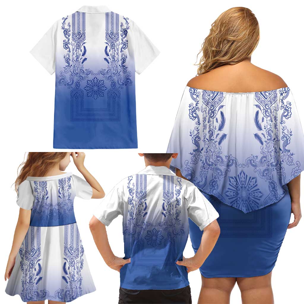 Philippines Barong Style Family Matching Off Shoulder Short Dress and Hawaiian Shirt with Polynesian Art and Leaf Motif Blue Color LT03 - Polynesian Pride