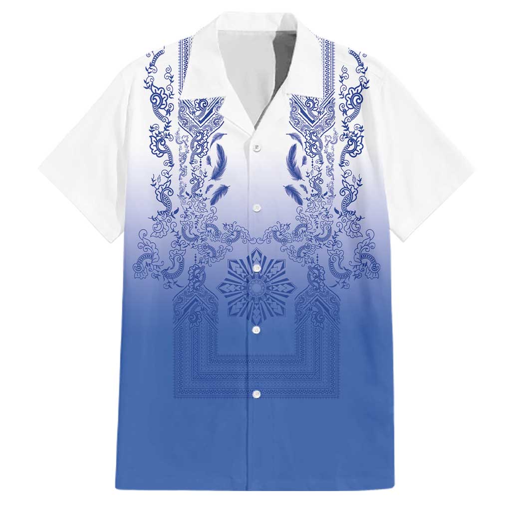 Philippines Barong Style Family Matching Off Shoulder Short Dress and Hawaiian Shirt with Polynesian Art and Leaf Motif Blue Color LT03 Dad's Shirt - Short Sleeve Blue - Polynesian Pride