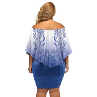 Philippines Barong Style Family Matching Off Shoulder Short Dress and Hawaiian Shirt with Polynesian Art and Leaf Motif Blue Color LT03 - Polynesian Pride