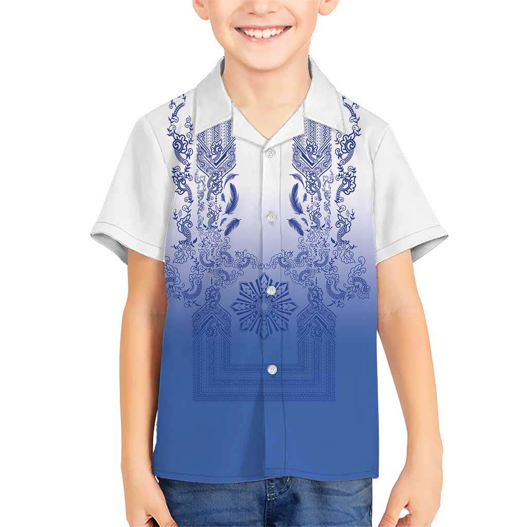 Philippines Barong Style Family Matching Off Shoulder Short Dress and Hawaiian Shirt with Polynesian Art and Leaf Motif Blue Color LT03 Son's Shirt Blue - Polynesian Pride