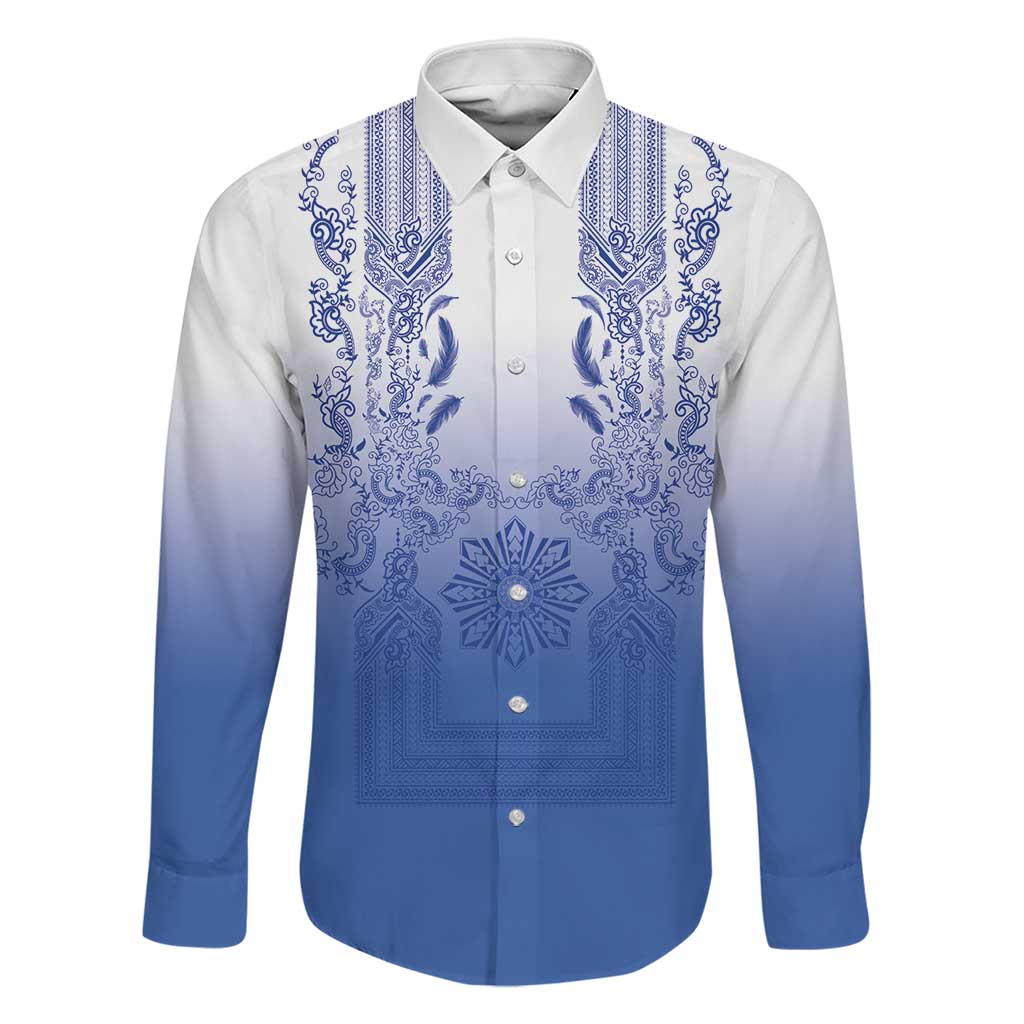 Philippines Barong Style Family Matching Puletasi and Hawaiian Shirt with Polynesian Art and Leaf Motif Blue Color LT03 Dad's Shirt - Long Sleeve Blue - Polynesian Pride