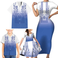 Philippines Barong Style Family Matching Short Sleeve Bodycon Dress and Hawaiian Shirt with Polynesian Art and Leaf Motif Blue Color LT03 - Polynesian Pride