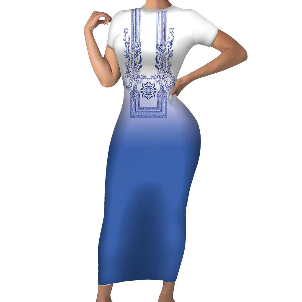 Philippines Barong Style Family Matching Short Sleeve Bodycon Dress and Hawaiian Shirt with Polynesian Art and Leaf Motif Blue Color LT03 Mom's Dress Blue - Polynesian Pride