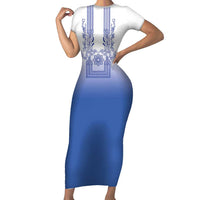 Philippines Barong Style Family Matching Short Sleeve Bodycon Dress and Hawaiian Shirt with Polynesian Art and Leaf Motif Blue Color LT03 Mom's Dress Blue - Polynesian Pride