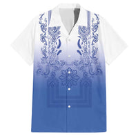 Philippines Barong Style Family Matching Summer Maxi Dress and Hawaiian Shirt with Polynesian Art and Leaf Motif Blue Color LT03 Dad's Shirt - Short Sleeve Blue - Polynesian Pride