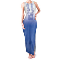 Philippines Barong Style Family Matching Tank Maxi Dress and Hawaiian Shirt with Polynesian Art and Leaf Motif Blue Color LT03 Mom's Dress Blue - Polynesian Pride
