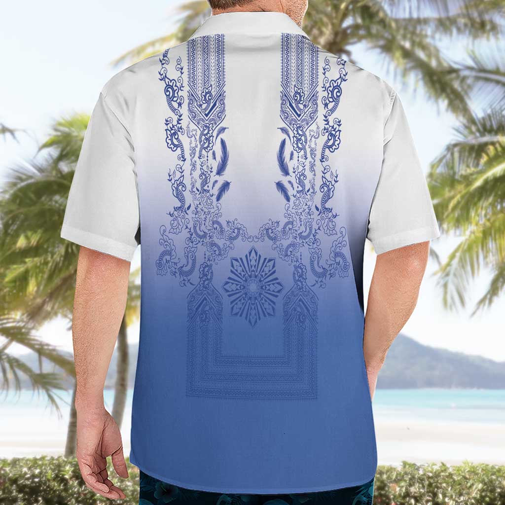 Philippines Barong Style Hawaiian Shirt with Polynesian Art and Leaf Motif Blue Color