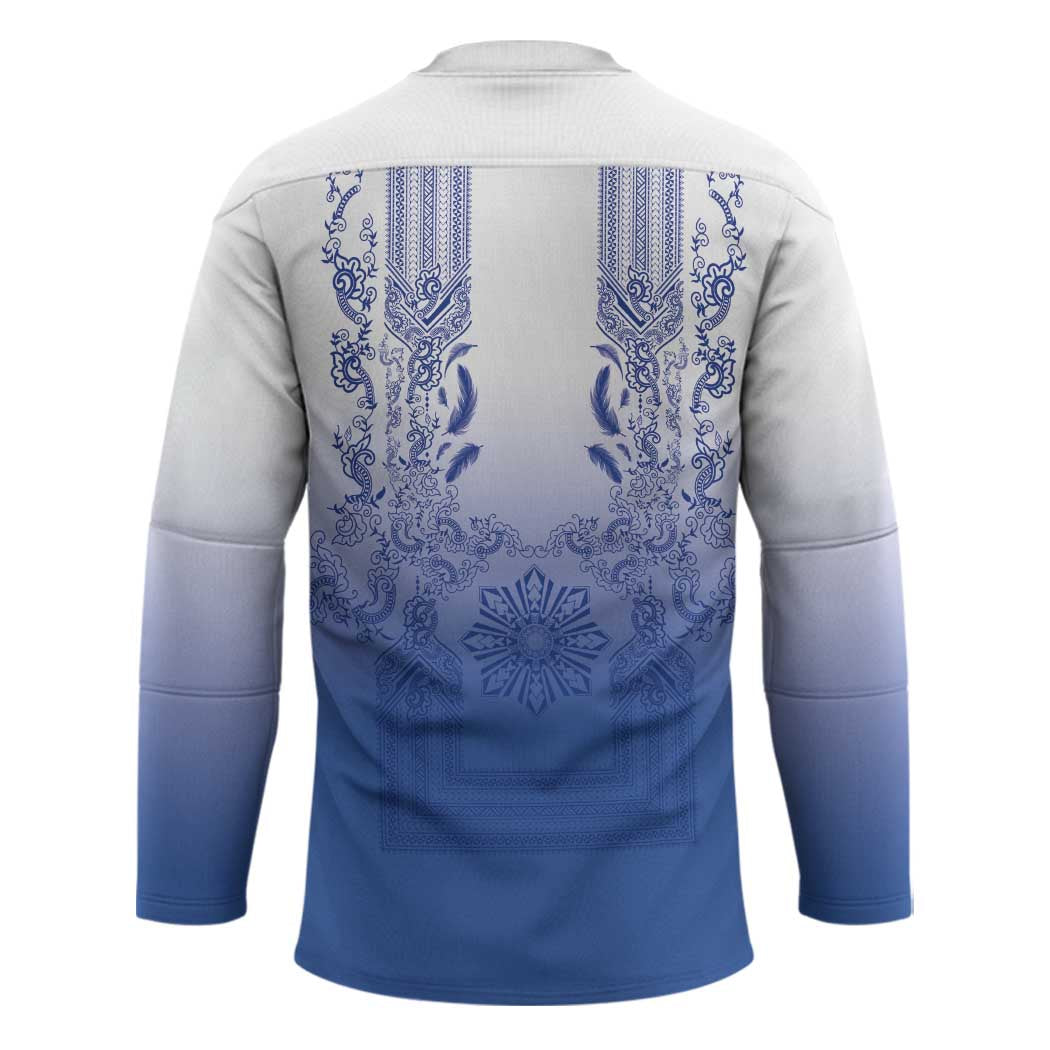 Philippines Barong Style Hockey Jersey with Polynesian Art and Leaf Motif Blue Color
