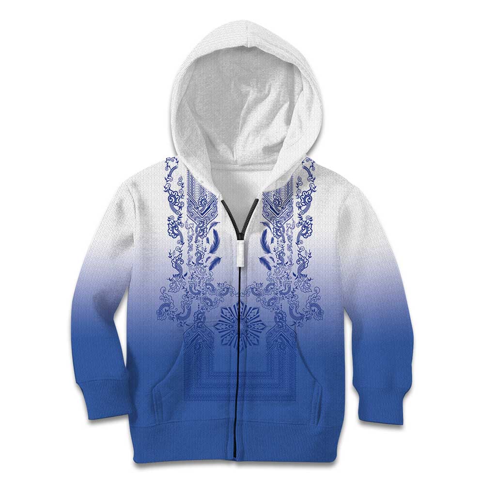 Philippines Barong Style Kid Hoodie with Polynesian Art and Leaf Motif Blue Color