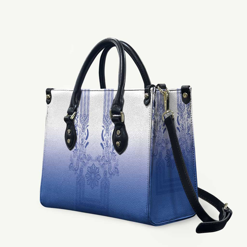 Philippines Barong Style Leather Bag with Polynesian Art and Leaf Motif Blue Color