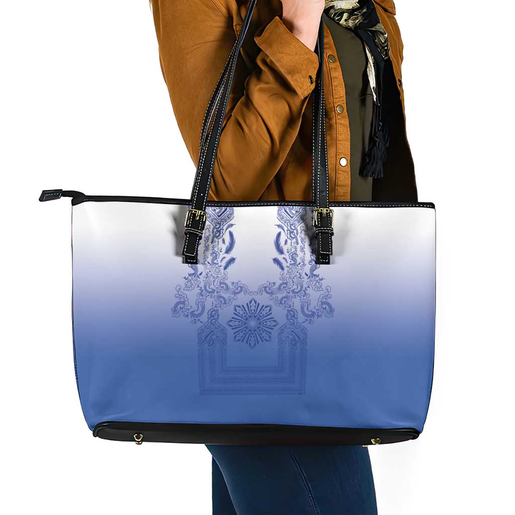 Philippines Barong Style Leather Tote Bag with Polynesian Art and Leaf Motif Blue Color
