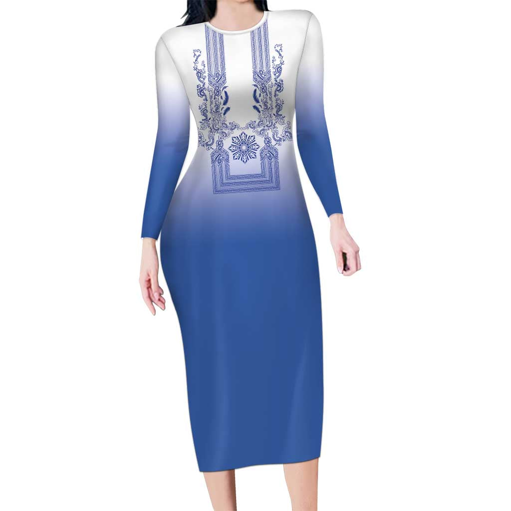 Philippines Barong Style Long Sleeve Bodycon Dress with Polynesian Art and Leaf Motif Blue Color