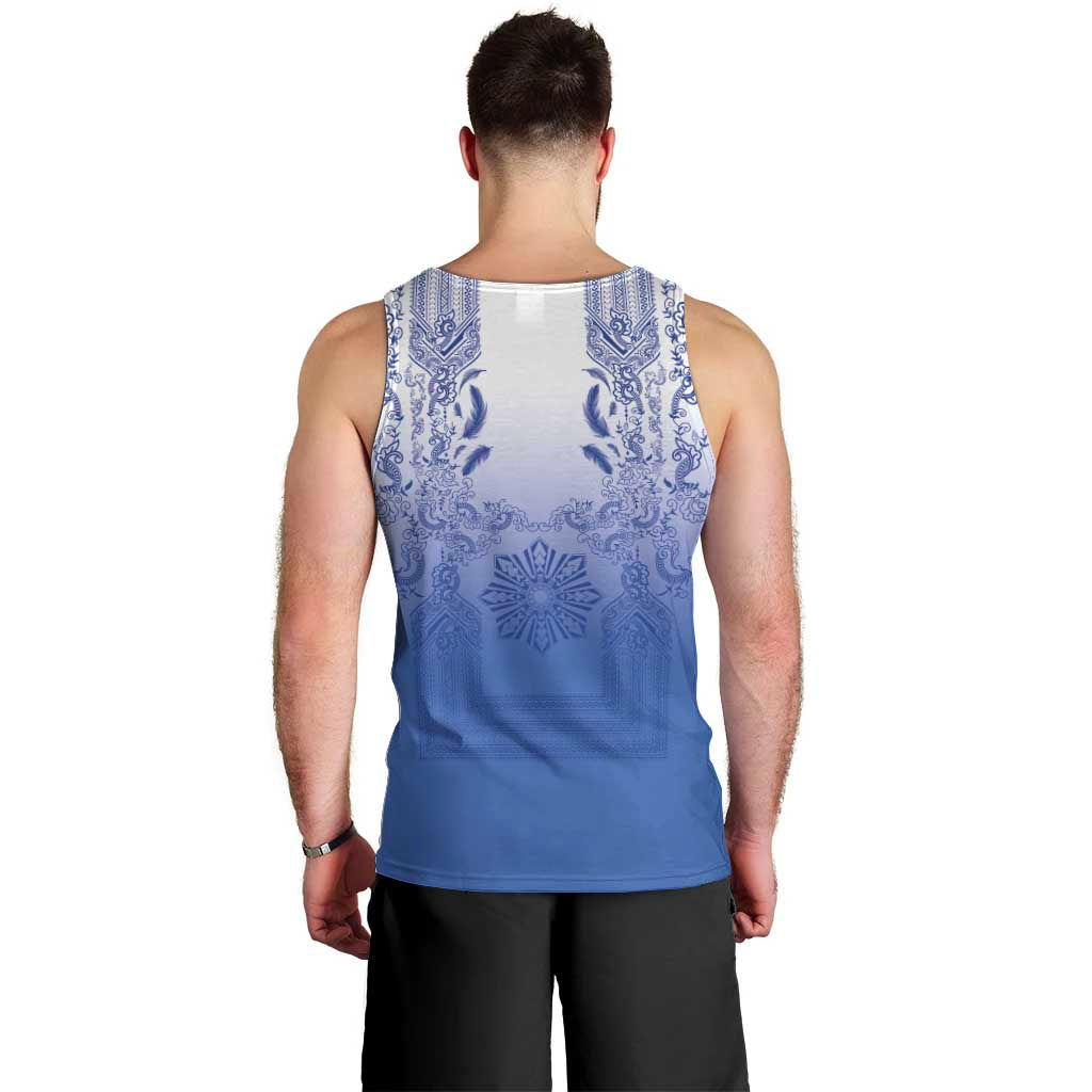 Philippines Barong Style Men Tank Top with Polynesian Art and Leaf Motif Blue Color