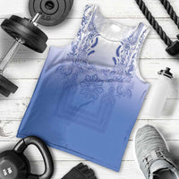 Philippines Barong Style Men Tank Top with Polynesian Art and Leaf Motif Blue Color