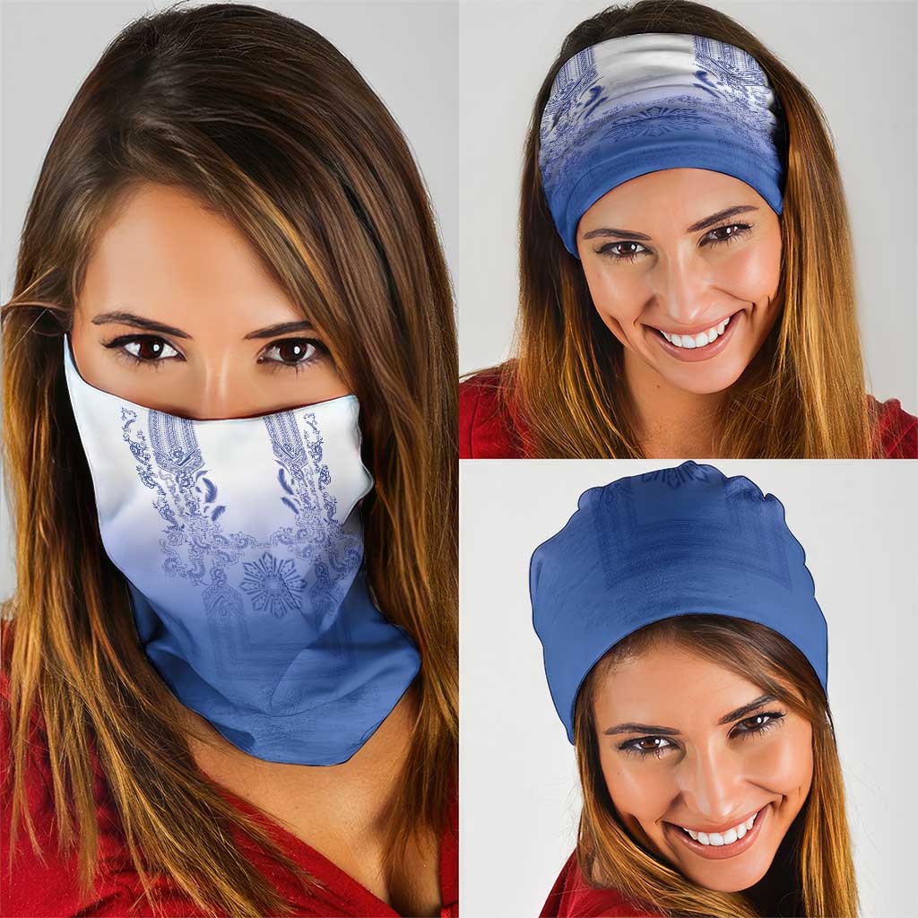 Philippines Barong Style Neck Gaiter with Polynesian Art and Leaf Motif Blue Color