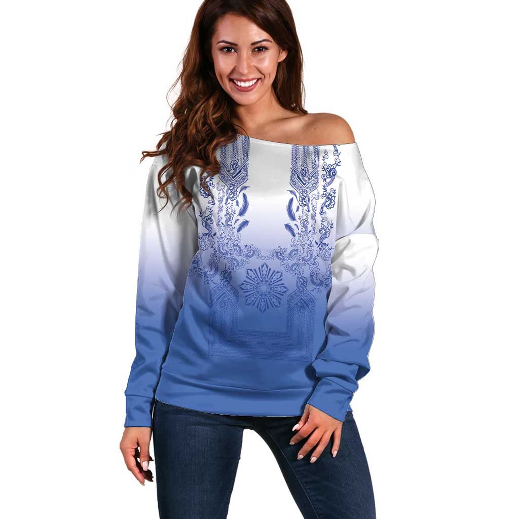 Philippines Barong Style Off Shoulder Sweater with Polynesian Art and Leaf Motif Blue Color