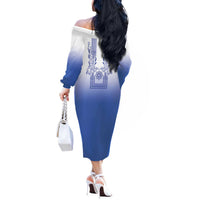 Philippines Barong Style Off The Shoulder Long Sleeve Dress with Polynesian Art and Leaf Motif Blue Color