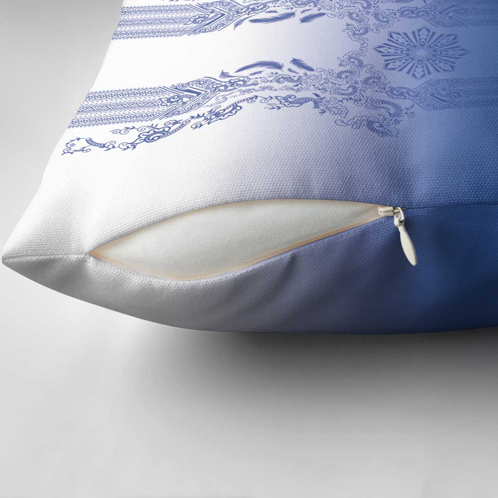 Philippines Barong Style Pillow Cover with Polynesian Art and Leaf Motif Blue Color
