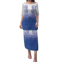 Philippines Barong Style Puletasi with Polynesian Art and Leaf Motif Blue Color