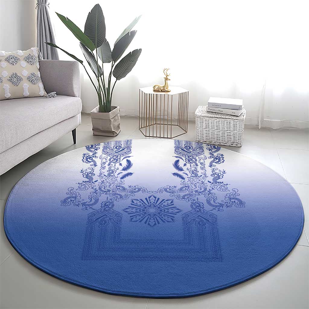 Philippines Barong Style Round Carpet with Polynesian Art and Leaf Motif Blue Color
