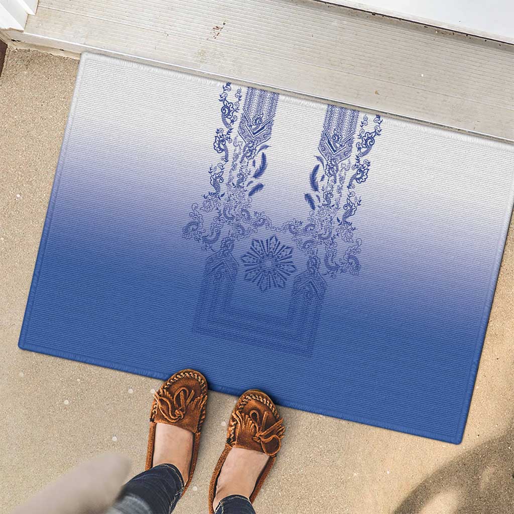 Philippines Barong Style Rubber Doormat with Polynesian Art and Leaf Motif Blue Color