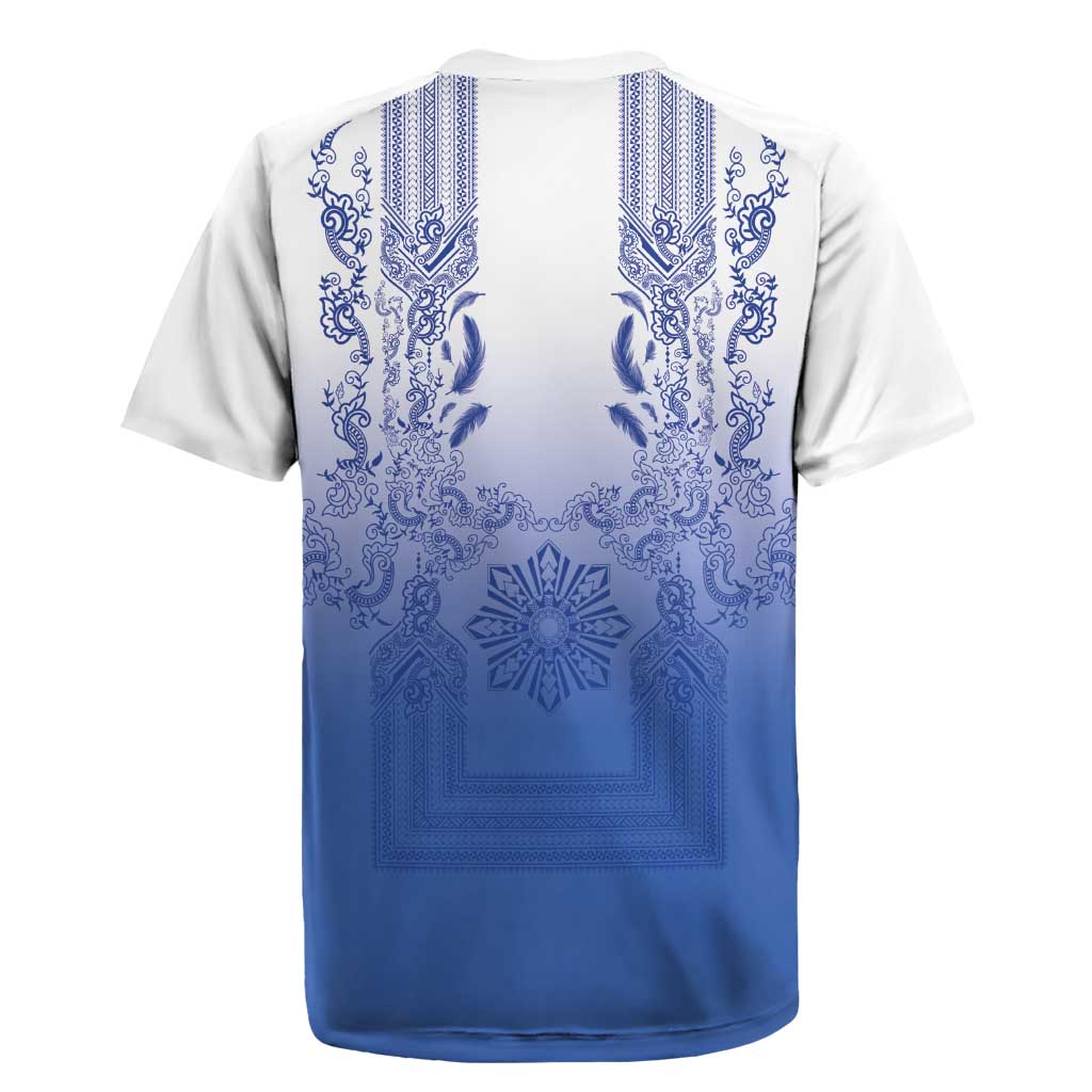 Philippines Barong Style Rugby Jersey with Polynesian Art and Leaf Motif Blue Color