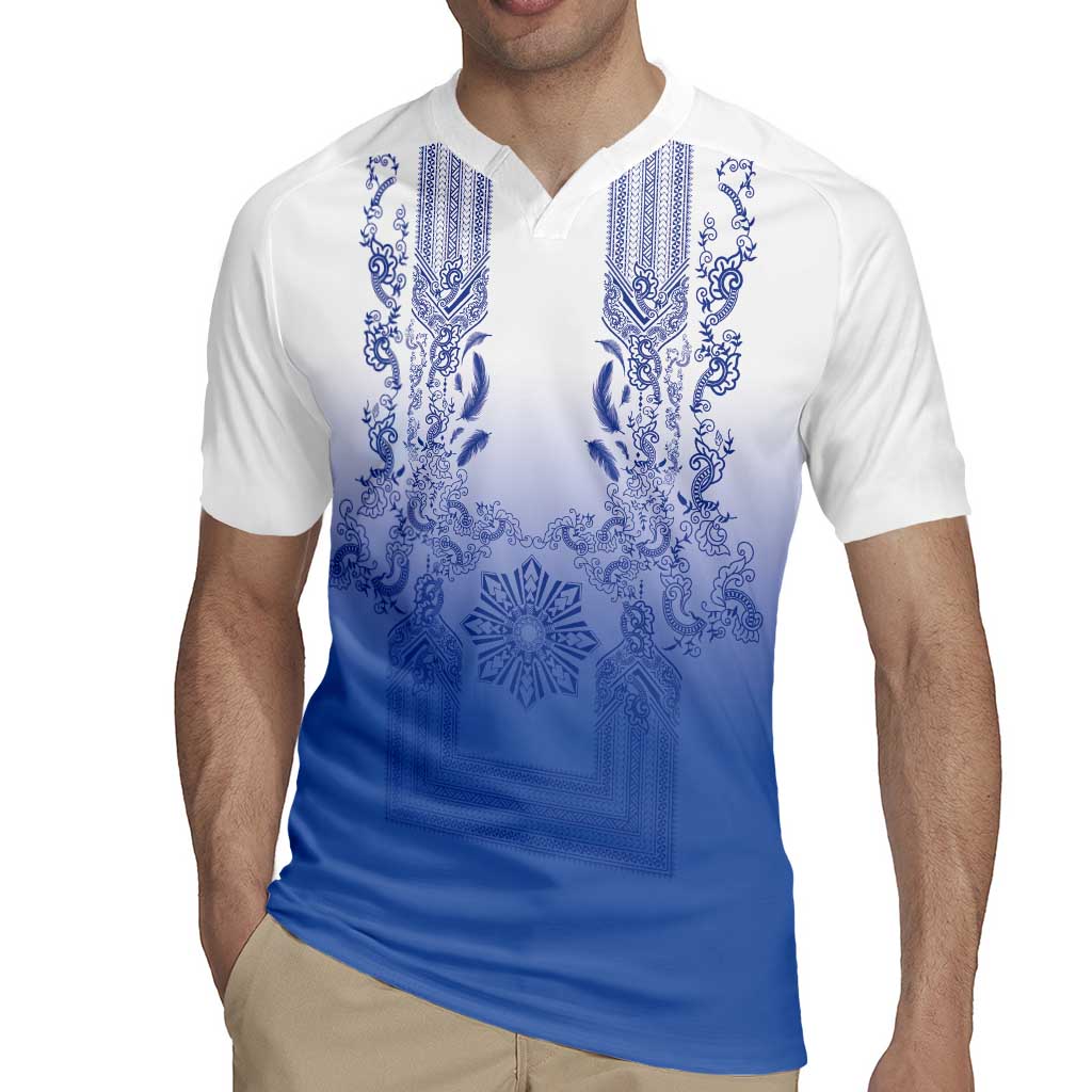 Philippines Barong Style Rugby Jersey with Polynesian Art and Leaf Motif Blue Color