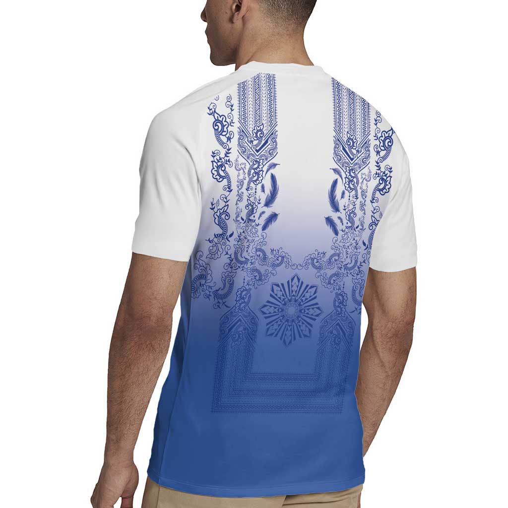 Philippines Barong Style Rugby Jersey with Polynesian Art and Leaf Motif Blue Color