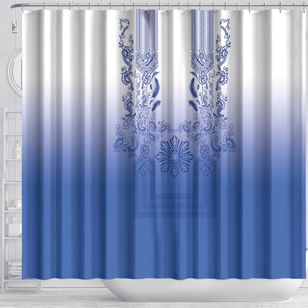 Philippines Barong Style Shower Curtain with Polynesian Art and Leaf Motif Blue Color