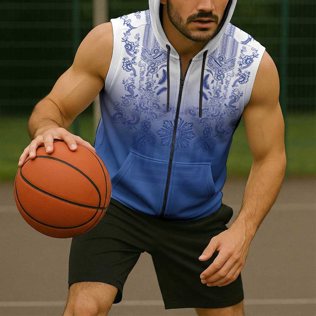 Philippines Barong Style Sleeveless Zip Hoodie with Polynesian Art and Leaf Motif Blue Color