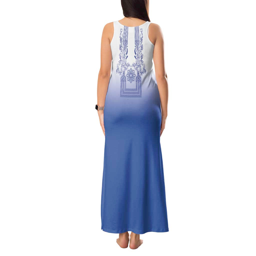 Philippines Barong Style Tank Maxi Dress with Polynesian Art and Leaf Motif Blue Color