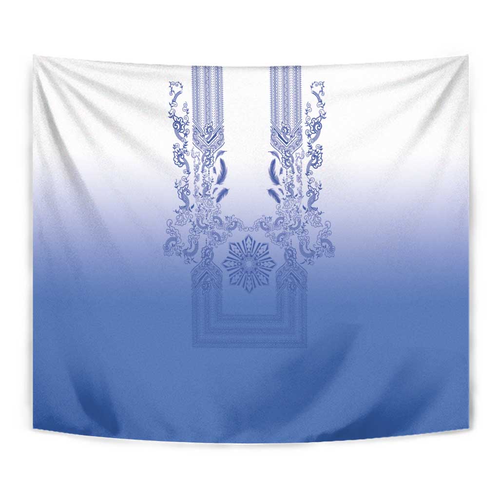 Philippines Barong Style Tapestry with Polynesian Art and Leaf Motif Blue Color